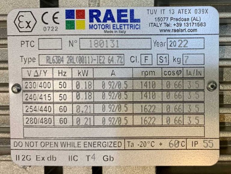 تصویر پلاک الکتروموتور 0.18 کیلووات ضد انفجار RAEL ایتالیا