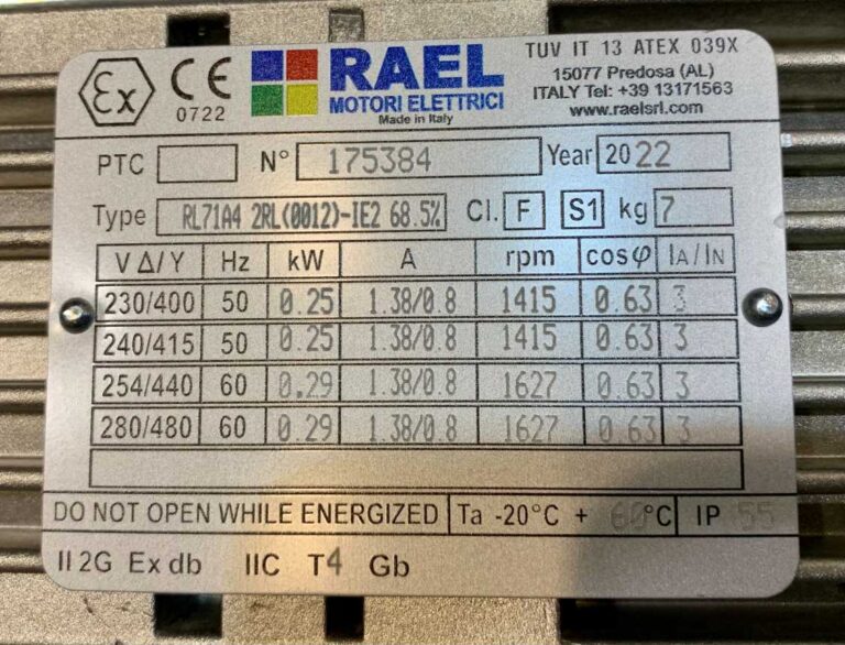 پلاک الکتروموتور 0.25 کیلووات ضد انفجار RAEL ایتالیا