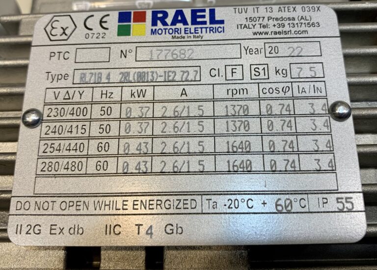 پلاک الکتروموتور 0.37 کیلووات ضد انفجار RAEL ایتالیا