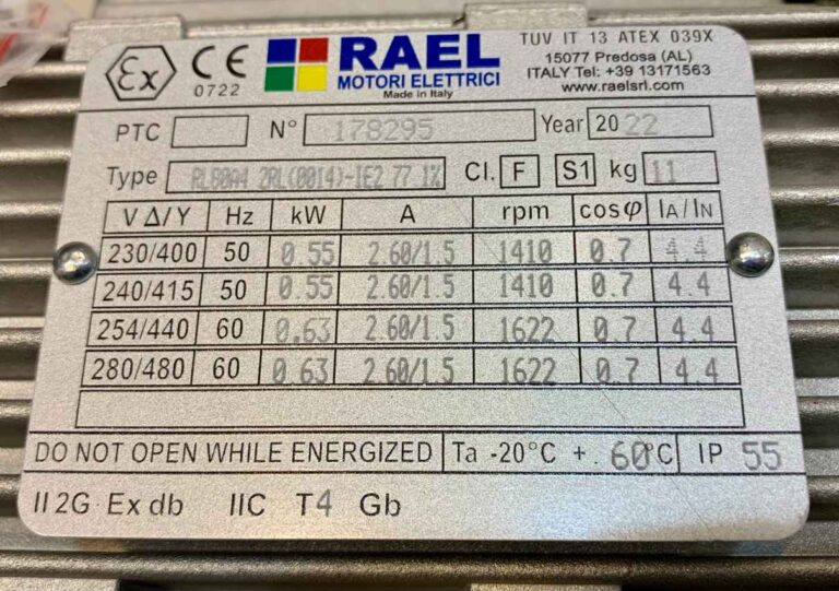 پلاک الکتروموتور 0.55 کیلووات ضد جرقه RAEL ایتالیا