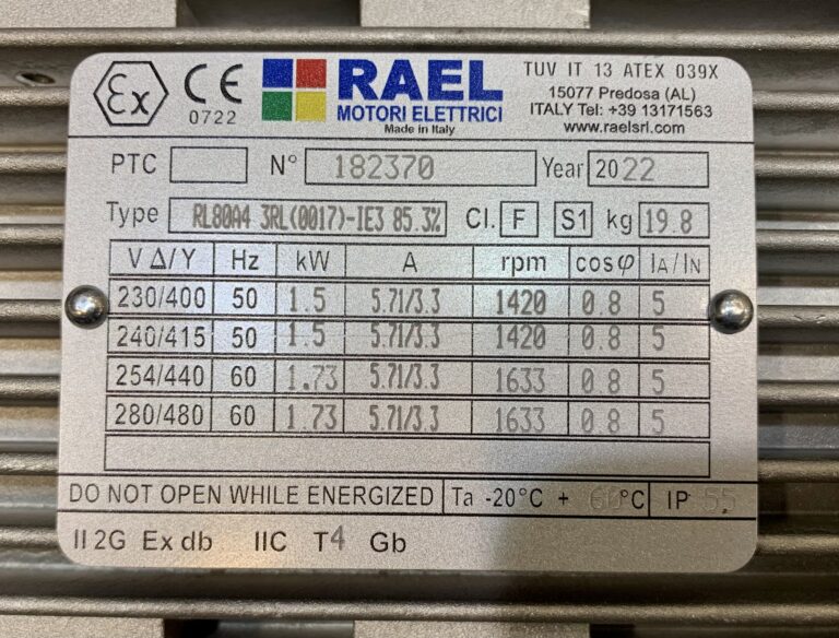 تصویر پلاک الکتروموتور ضد انفجار 1.5 کیلووات RAEL ساخت ایتالیا