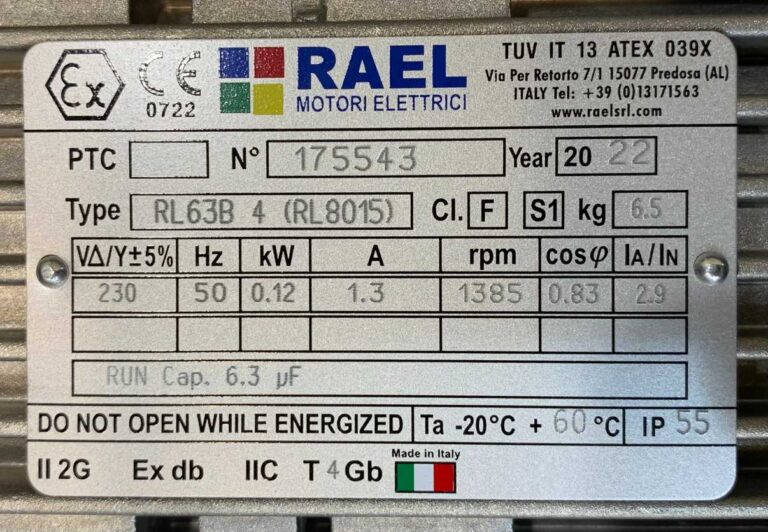 تصویر پلاک الکتروموتور ضد انفجار 0.12 کیلووات تک فاز RAEL ساخت ایتالیا