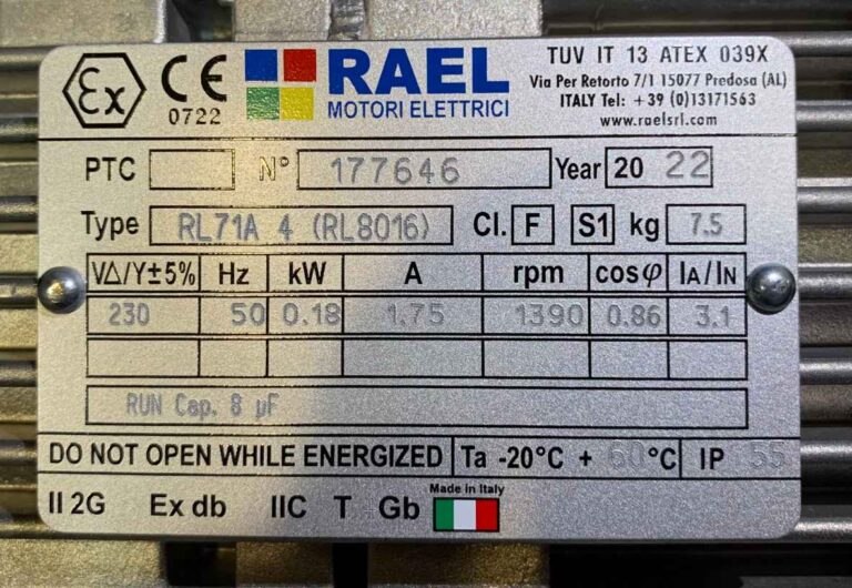 پلاک الکتروموتور ضد انفجار 0.18 کیلووات تک فاز RAEL ساخت ایتالیا