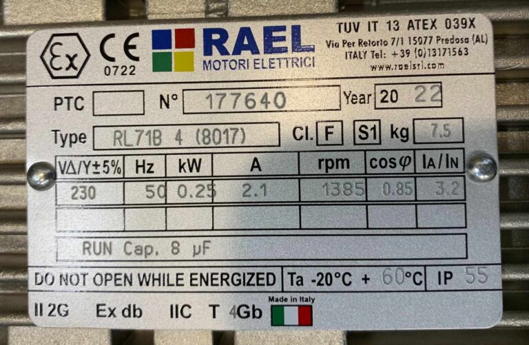 پلاک الکتروموتور ضد انفجار 0.25 کیلووات تک فاز RAEL ساخت ایتالیا
