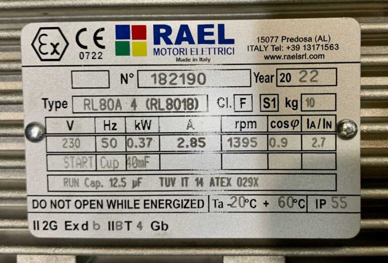 پلاک الکتروموتور ضد انفجار 0.37 کیلووات تک فاز RAEL ساخت ایتالیا