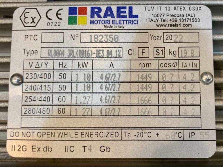 تصویر پلاک الکتروموتور ضد انفجار 1.1 کیلووات RAEL ساخت ایتالیا