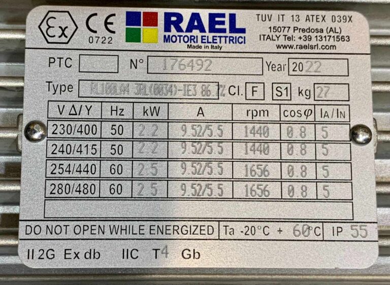 تصویر پلاک الکتروموتور ضد انفجار 2.2 کیلووات RAEL ساخت ایتالیا