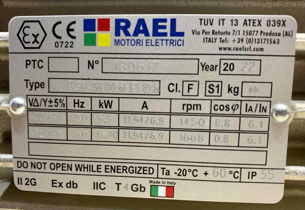 پلاک الکتروموتور ضد انفجار 5.5 کیلووات ۱۵۰۰ دور سه فاز RAEL ساخت ایتالیا