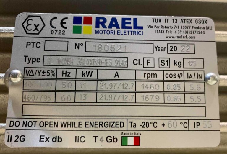 الکتروموتور ضد انفجار11 کیلووات سه فاز ۱۵۰۰ دور RAEL ساخت ایتالیا